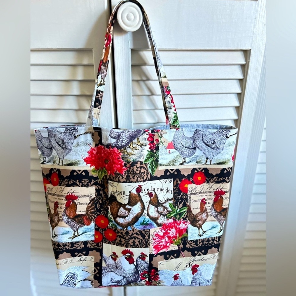 Hand Crafted Floral Rooster Tote Bag Farmers Market All Purpose Carry Purse